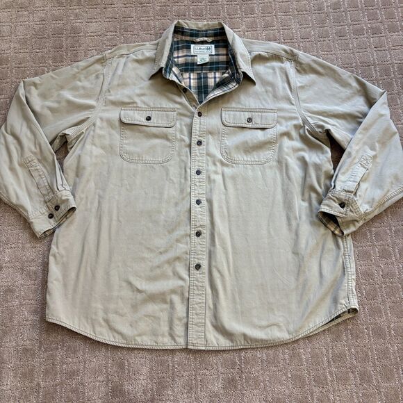 LL Bean Flannel Lined Hurricane Shirt Men XXL Beige Barn Chore Outdoor Grunge - Picture 1 of 7